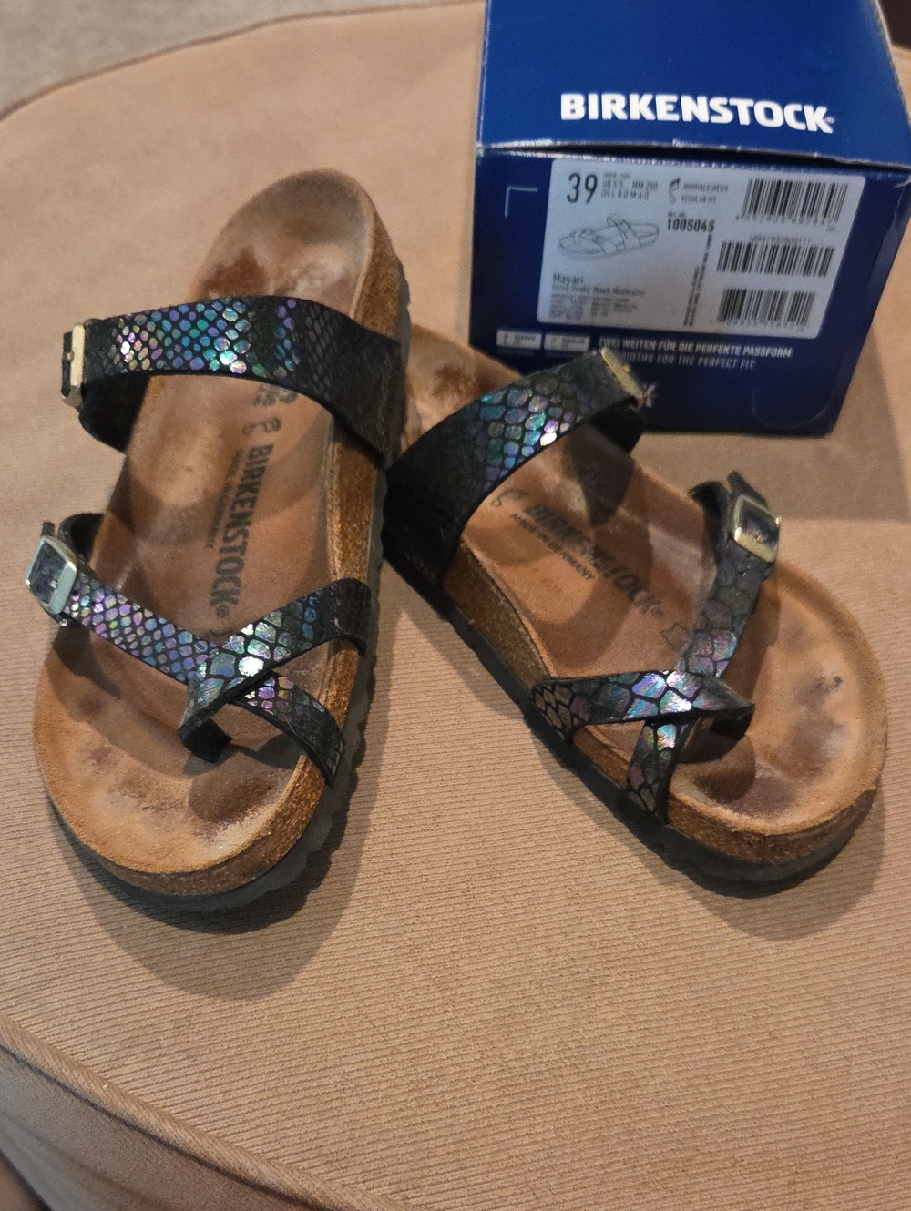 Birkenstock Women's Black Mayari Iridescent Snake-Print Sandals Size 39